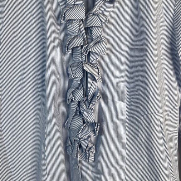 Talbots Blue White Pin Striped 3/4 Sleeve Ruffled Neckline Button Up Size 4 - Picture 4 of 10